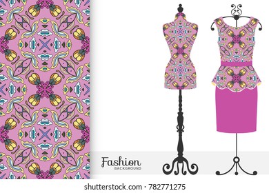 Fashion art collection, vector illustration. Vintage tailor's dummy, dress model and colorful seamless pattern for textile fabric, paper print, invitation or business card design. Isolated elements