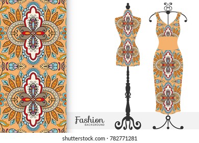 Fashion art collection, vector illustration. Vintage tailor's dummy, dress model and colorful seamless pattern for textile fabric, paper print, invitation or business card design. Isolated elements