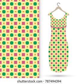 Fashion art collection, vector illustration. Women's dress model on a hanger and colorful seamless pattern for textile fabric, paper print, invitation or business card design. Isolated elements