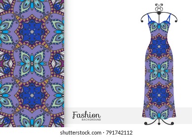 Fashion art collection, vector illustration. Women's dress model on a hanger and colorful seamless pattern for textile fabric, paper print, invitation or business card design. Isolated elements