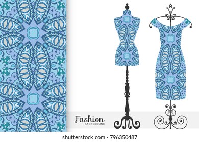 Fashion art collection, vector illustration. Vintage tailor's dummy, dress model and colorful seamless pattern for textile fabric, paper print, invitation or business card design. Isolated elements
