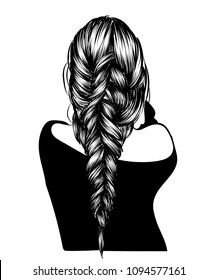 Fashion art of a girl with long loose braid. Illustration for web, print for t-shirt, poster, post business card. Sketch style luxe hairstyle