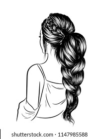 Fashion art of a girl with long loose ponytail braid. Illustration for web, print for t-shirt, poster, post business card. Sketch style luxe hairstyle