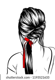 Fashion art of a girl with long loose ponytail braid. Illustration for web, print for t-shirt, poster, post business card. Sketch style luxe hairstyle