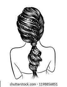 Fashion art of a girl with long loose ponytail braid. Illustration for web, print for t-shirt, poster, post business card. Sketch style luxe hairstyle