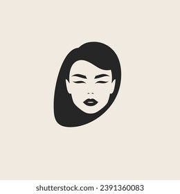 Fashion Asian woman face abstract brunette hairstyle black and white minimal icon vector flat illustration. Glamour beautiful young female portrait aesthetic silhouette logo beauty salon hairdresser