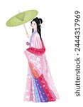 fashion asian woman in vintage luxury dress hanfu with umbrella