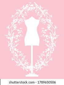 fashion atelier mannequin torso among blooming sakura branches - spring season style vector silhouette design