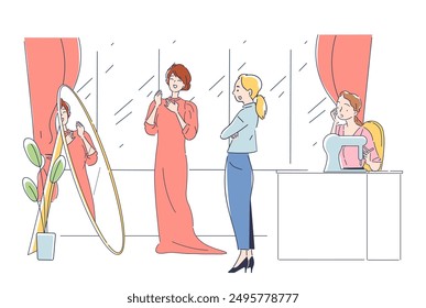 Fashion atelier with woman. Girl looks at dress in front of mirror. Aesthetics and elegance, fashion and style. Needlecraft and handicraft. Linear vector illustration isolated on white background