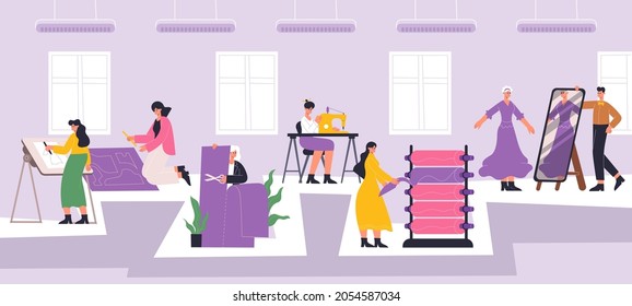 Fashion atelier workers, sewing, dressmaking workshop interior. Textile industry employees, dressmaking process vector illustration. Textile factory or atelier. Workshop interior, dressmaker