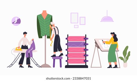 Fashion atelier workers, sewing, dressmaking workshop interior. Vector of atelier worker, tailor sewing illustration