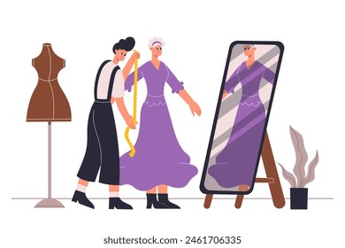 Fashion atelier workers, tailoring and sewing clothes. Cartoon fashion designer measuring dress with tape. Making dress for client standing in front of mirror. Dressmaking concept vector