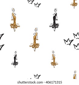 Fashion attractive fashion wedding background with crown, gold dress, black dress. Beautiful hand drawn sketch on white background. Fashion, style, beauty, advertising greeting card, banner, design