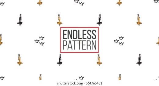 Fashion attractive wedding background with crown, gold dress, black dress. Beautiful hand drawn sketch on white background. Fashion, style, beauty, advertising greeting card, banner, design