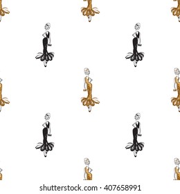 Fashion attractive fashion wedding background with gold dress and black dress. Beautiful hand drawn sketch on white background. Fashion, style, beauty, advertising greeting card, banner, design