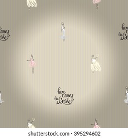 Fashion attractive wedding background with here comes the bride, model, bridesmaid. Beautiful hand drawn sketch on vintage background. Fashion, style, beauty, advertising greeting card, banner, design