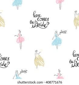 Fashion attractive fashion wedding background with here comes the bride phrase, bride dress. Beautiful hand drawn sketch on white background. Fashion beauty invitation greeting card banner design