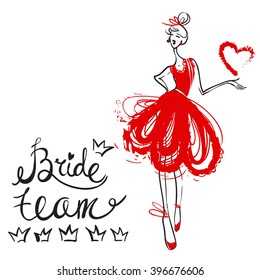 Atractiva carta de invitación de boda de moda con equipo de novias, vestido rojo de dama de honor. Hermoso dibujo a mano sobre fondo blanco. Diseño de carteles publicitarios de belleza estilo moda