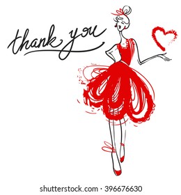 Fashion attractive fashion wedding invitation card with thank you sign, red bride dress. Beautiful hand drawn sketch on white background. Fashion style beauty advertising greeting card banner, design