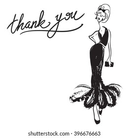 Fashion attractive fashion wedding invitation card with thank you sign, black dress. Beautiful hand drawn sketch on white background. Fashion, style, beauty, advertising greeting card, banner, design