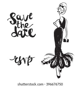 Fashion attractive fashion wedding invitation card with save the date rsvp sign, black dress. Beautiful hand drawn sketch on white background. Fashion, style, beauty, greeting card, banner, design