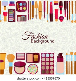 Fashion background. Flat icons collection. Decorative cosmetics for lips, skin, eyes, nails, eyebrows and beautycase. Make up set. Pattern with flowers and butterflies at the back. Vector illustration