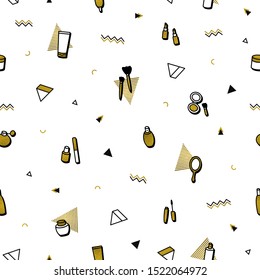 Fashion background. Gold cosmetics seamless pattern in memphis style. Premium golden beauty products: lipstick, mascara, perfume, eyeshadows. Makeup beauty care illustrations in mi