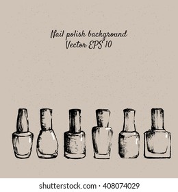 Fashion background with hand-drawn ink sketch nail polish bottles  on kraft paper. Vector design for web and print products: textile, accessories, banners, advertising.