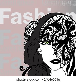 fashion background with illustrated pretty woman wearing a lace mask