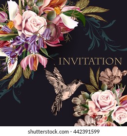 Fashion background illustration or save the date card with rose flowers lilac and hummingbird soft blue pink retro tones