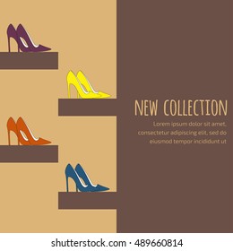 Fashion background for invitation on new collection presentation in dark brown colors with pumps (court shoes) on high heels