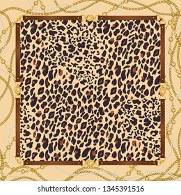 Fashion  background with  leopard pattern, golden chains and belts. Animal print with gold chain for fabric, scarf, textile, wrapping, wallpaper. Vector illustration