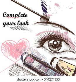 Fashion  background with make up accessories mascara shadows and other cosmetic  and beautiful female eye complete your look