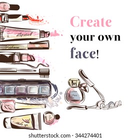 Fashion  background with make up accessories mascara perfume lipsticks nail shadows and other cosmetic create your own face