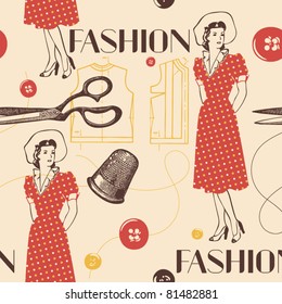 fashion background with scissors, buttons and woman