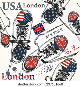 Fashion background with sports boots decorated by British and USA flags