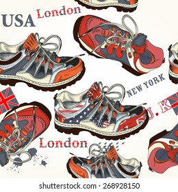 Fashion background with sports boots decorated by British and USA flags