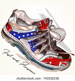 Fashion background with sports boots decorated by USA and British flags