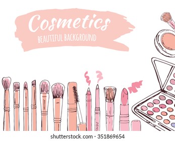 Fashion background vector cosmetics. Collection of make-up and cosmetics, painted by hand.