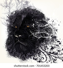 Fashion background with wild black lion in grunge style