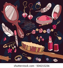 Fashion background woman accessories fashion seamless pattern, jewelery and cosmetics, fashion pattern hand drawn vector