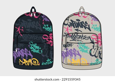 FASHION BACKPACK GRAFITTI STYLE. FLAT SKETCH. TECHNICAL DRAWING TEMPLATE