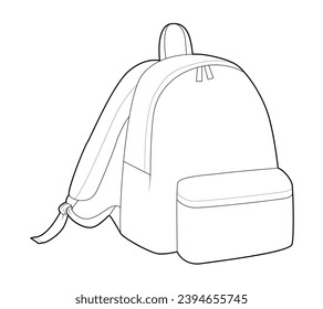 Fashion backpack silhouette bag. Fashion accessory technical illustration. Vector schoolbag front 3-4 view for Men, women, unisex style, flat handbag CAD mockup sketch outline isolated