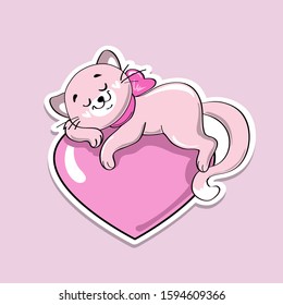 Fashion badges with beautiful pink cat lies on a big heart on a pink background. Valentine day sticker