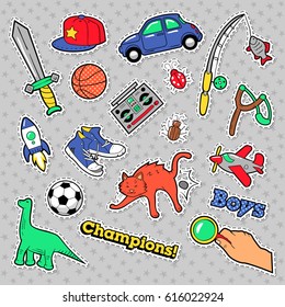 Fashion Badges, Patches, Stickers Boys Theme. Toys, Sports, Car and Music Recorder in Comic Style. Vector illustration