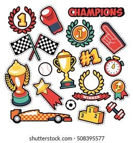 Fashion Badges, Patches, Stickers in Comic Style Champions Theme with Cups, Medals and Sports Equipment. Vector Retro Background