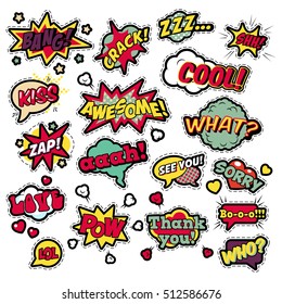 Fashion Badges, Patches, Stickers In Pop Art Comic Speech Bubbles Set With Halftone Dotted Cool Shapes Expressions Bang Zap Lol. Vector Retro Background