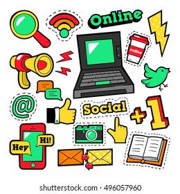 Fashion Badges, Patches, Stickers set with Social Network Elements - Laptop, Megaphone, Smartphone, e-mail in Pop Art Comic Style. Vector illustration