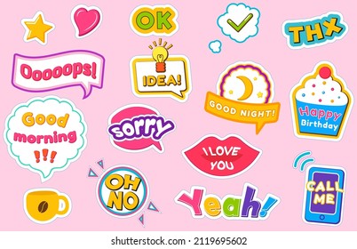 Fashion badges, patches with words dialogue text vector colored comic icons. Conversation phrases in form of stickers. Cartoon style patch badges with text, colorful sticker pack background pattern