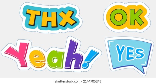 Fashion badges, patches with words dialogue text thx, ok, yeah, yes vector colored comic icons. Conversation phrases to agree, say yes in form of stickers. Cartoon style patch badges, with text